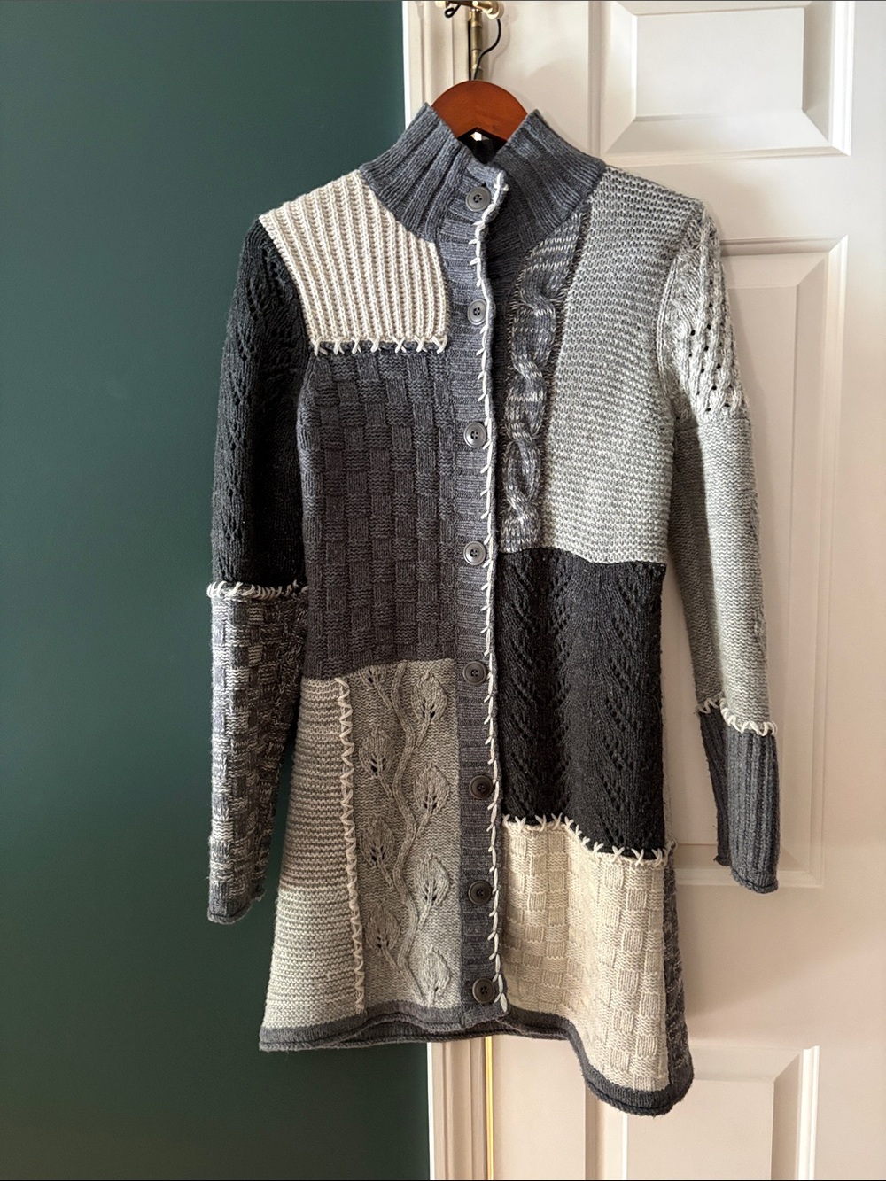 Sundance Patchwork Button-Front Knit Cardigan - Gray & Cream